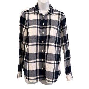 J Crew 100% Cotton Boy Fit Button Up Flannel Top Womens Size S Black White Plaid